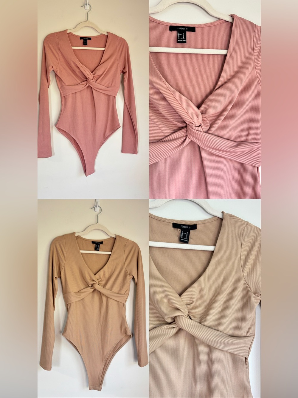 Forever 21 Twist Front Ribbed Long-Sleeve Bodysuit Bundle- Pink & Tan